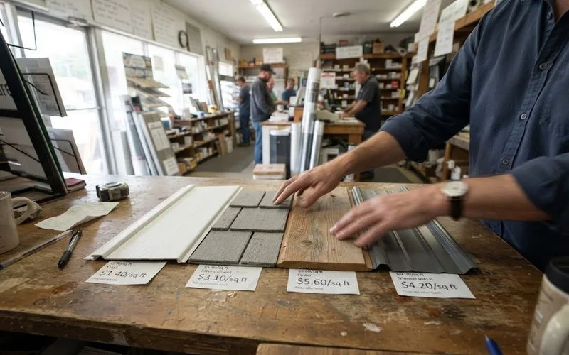 Four sample siding panels made of vinyl, fiber cement, wood, and metal are arranged side by side to compare texture and finish
