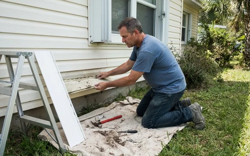 A homeowner uses a zip tool to remove a single damaged vinyl siding panel for replacement on a ground level exterior wall