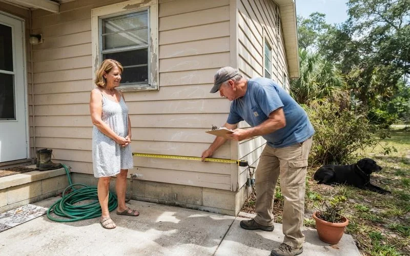 A contractor measures an exterior wall with a tape measure before quoting a vinyl siding installation on a single-story home