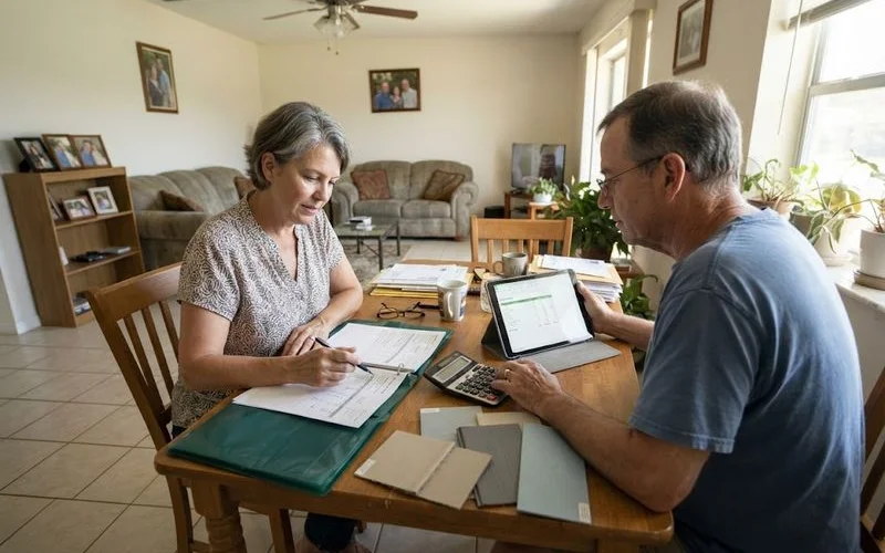A homeowner reviews financing paperwork and a siding project estimate together at a kitchen table